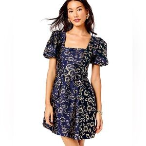 Lilly Pulitzer Kasslyn Elbow Sleeve Navy and Gold Floral Mini Dress